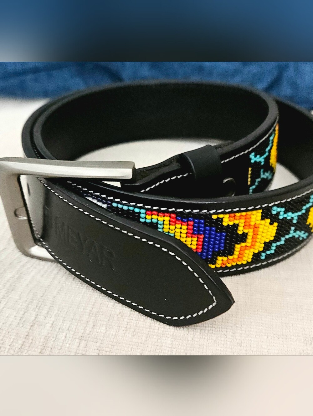 B MEYAR Beaded Western Belt Size 28 XS Black Aztec Cowgirl Rodeo Boho 1.5"